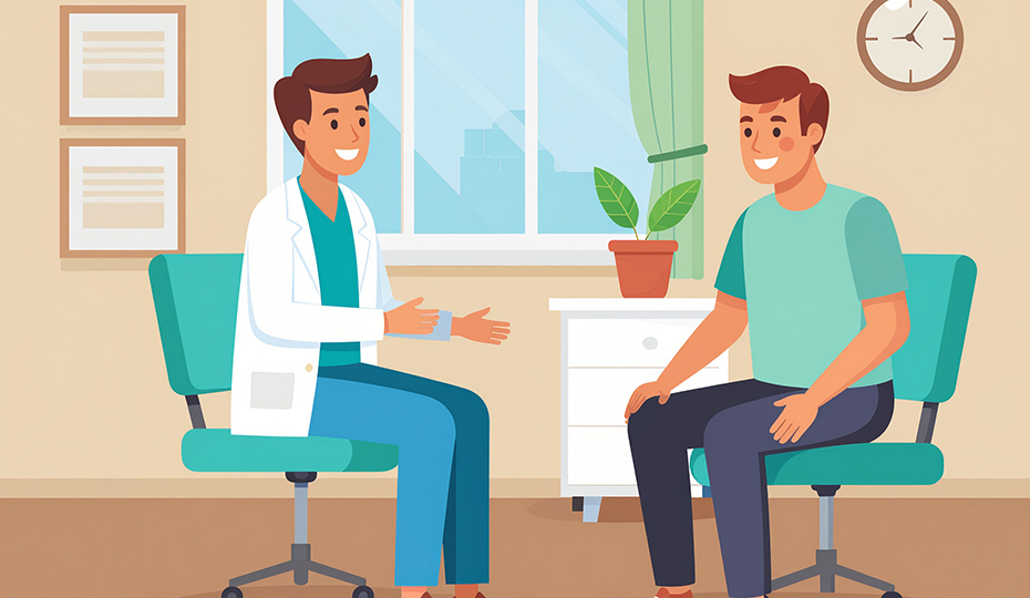 医者から説明を受けている男性