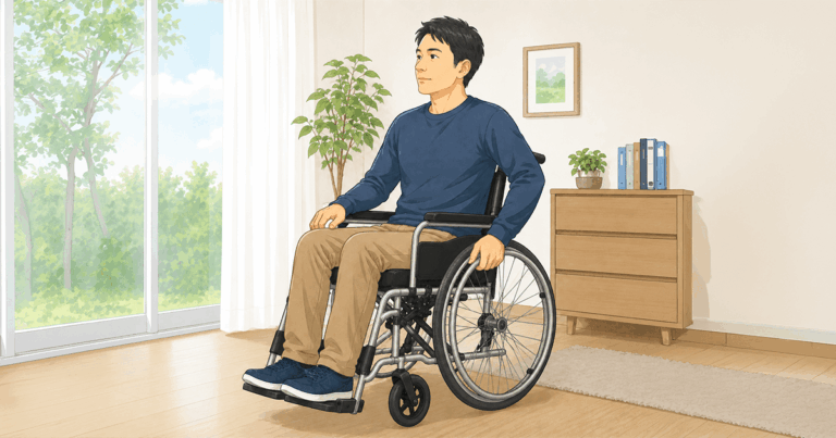 Young man in a wheelchair sits in a bright living room by a large window with greenery outside.