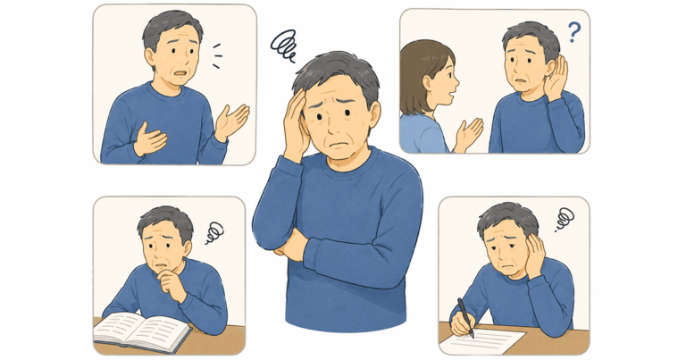 Central man in a blue sweater looks worried; surrounding panels show him gesturing, listening with confusion, reading, and writing.